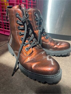 Remonte Liv Metallic Copper Steampunk Combat Boots Lace Up Side Zip US8 EU39